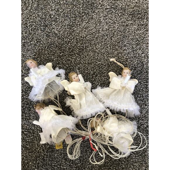 VINTAGE ANGELS WITH CANDLES CHRISTMAS TREE LIGHTS On Cord Tested Works 5 Angles - Picture 1 of 6